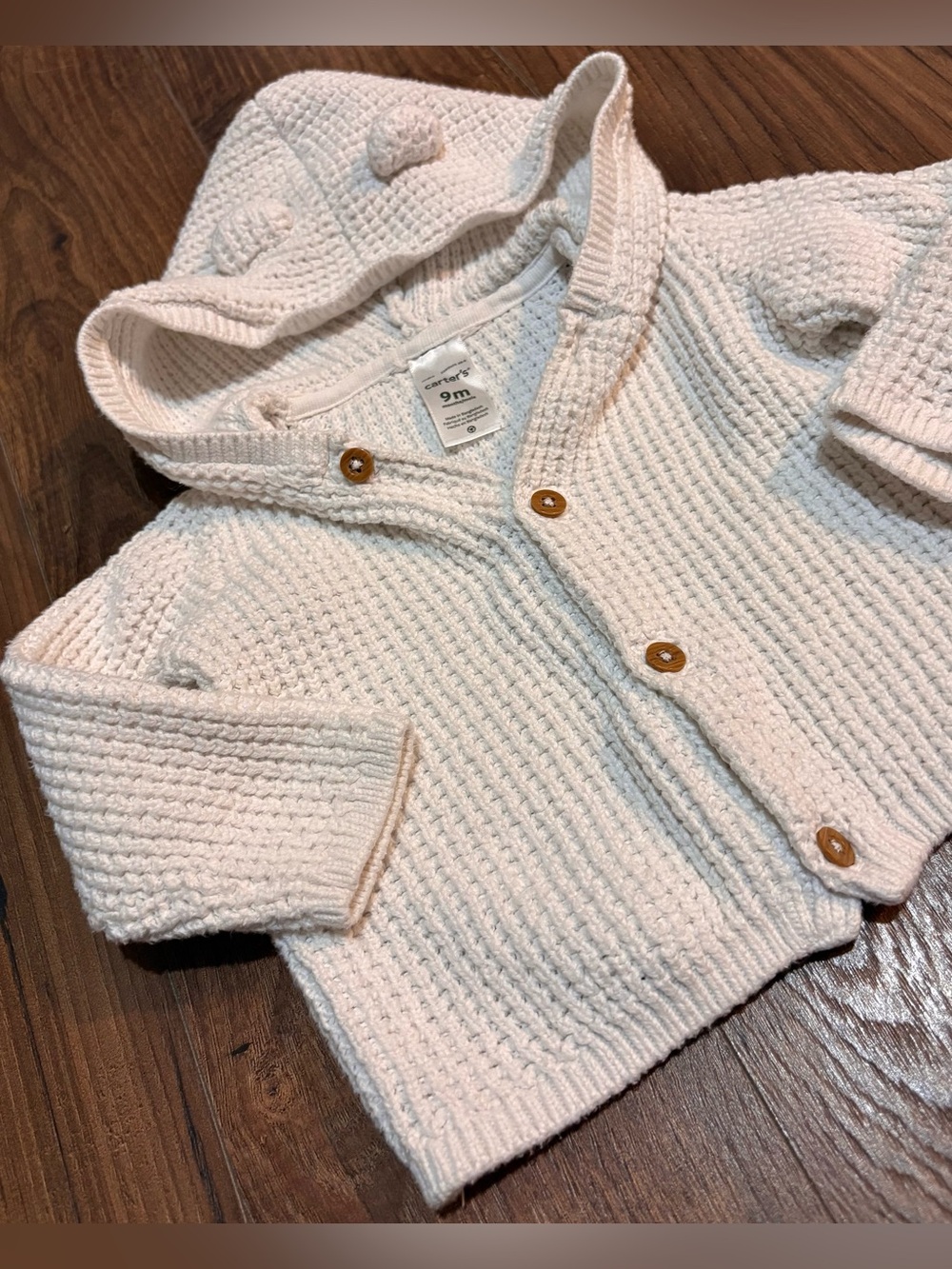 Carter's Cream Hooded Knit Baby Cardigan with Wooden Buttons